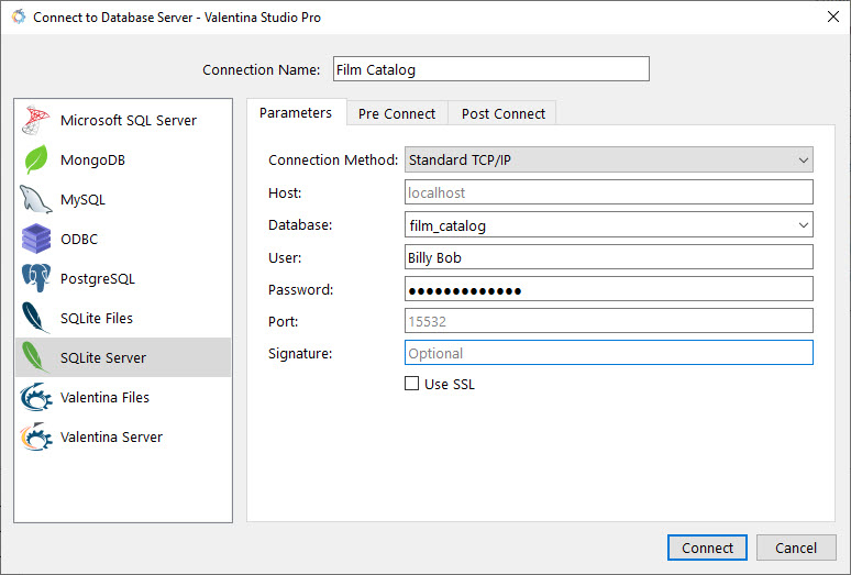 Connect to Valentina SQLite Server