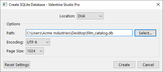 Create new SQLite databases locally or on Valentina Server