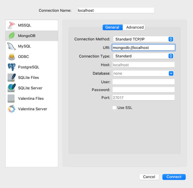 Connection Dialog General Tab for MongoDB