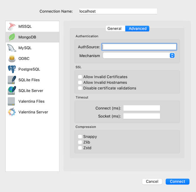 Valentina Studio Advanced Connection Dialog for MongoDB